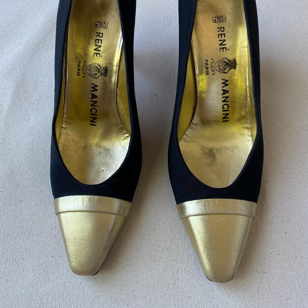Rene Mancini  Vintage Black Peau de Soie with Gold Leather Toe Heels, Size 37